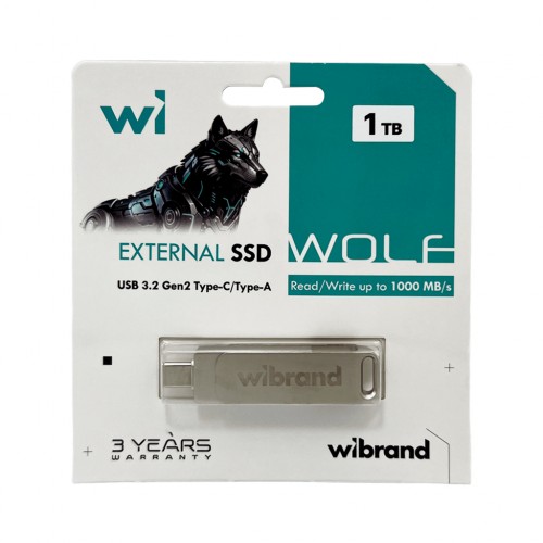 Портативный SSD Wibrand Wolf 1 ТБ USB 3.2 Gen.2 Type-C/Type-A чтение/запись 1000 МБ/с, серебристый