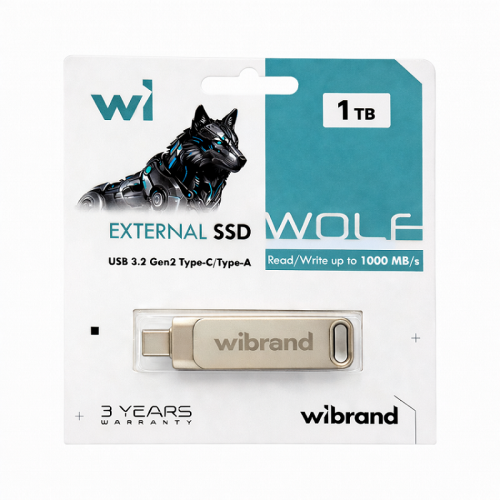 Портативний SSD Wibrand Wolf 1TB USB 3.2 Gen.2 Type-C/Type-A Read/Write 1000MB/s Silver
