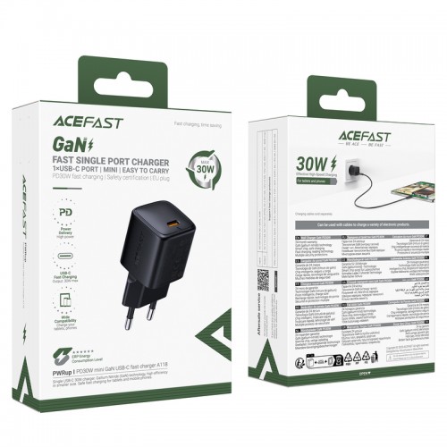 Сетевое зарядное устройство ACEFAST A118 PD30W mini GaN USB-C быстрое зарядное устройство