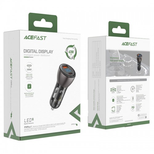 Автомобильное зарядное устройство ACEFAST B6 metal 63W (USB-A+USB-C) с цифровым дисплеем