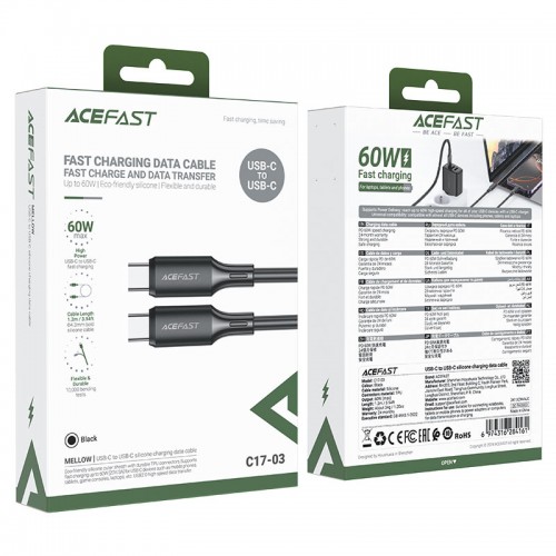 Кабель ACEFAST C17-03 USB-C на USB-C силиконовый зарядный и дата-кабель черный