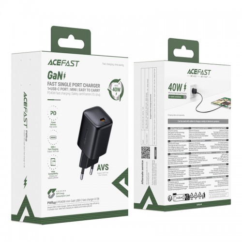 Мережевий зарядний пристрій ACEFAST A136 PD40W mini GaN USB-C fast charger Black