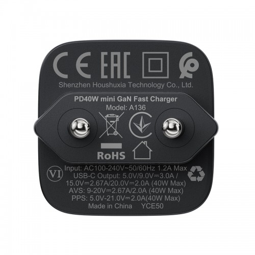 Мережевий зарядний пристрій ACEFAST A136 PD40W mini GaN USB-C fast charger Black