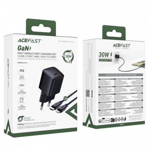 Мережевий зарядний пристрій з кабелем ACEFAST A118 PD30W mini GaN USB-C fast charger set (P16) Black