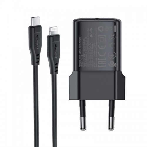 Мережевий зарядний пристрій з кабелем ACEFAST A118 PD30W mini GaN USB-C fast charger set (P16) Black