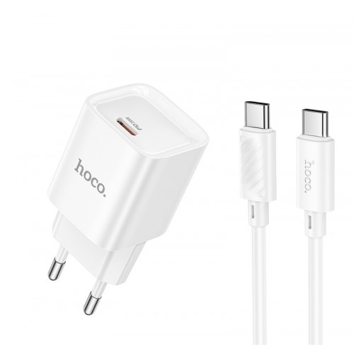 Мережевий зарядний пристрій з кабелем HOCO C146A Charm single port PD20W charger set (C to C) (EU) White