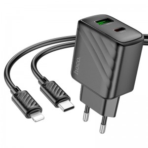 Мережевий зарядний пристрій з кабелем HOCO CS23A Sunlight dual-port PD30W+QC3.0 charger set (C to iP)(EU) Black