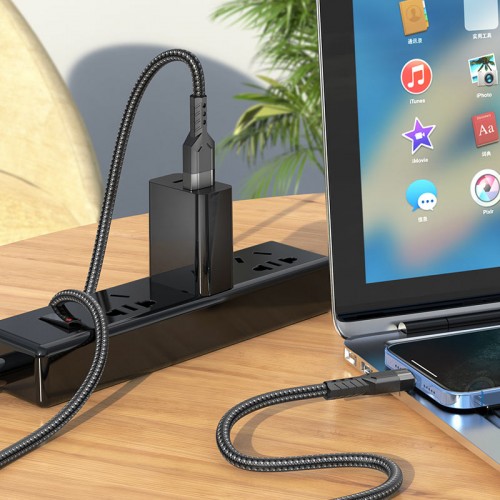 Кабель HOCO U110 USB to iP 2.4A, 1.2м, нейлон, алюминиевые разъемы, черный