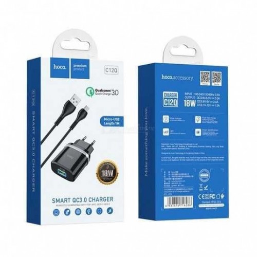 Мережевий зарядний пристрій з кабелем HOCO C12Q Smart QC3.0 charger set(Micro) 18W Black
