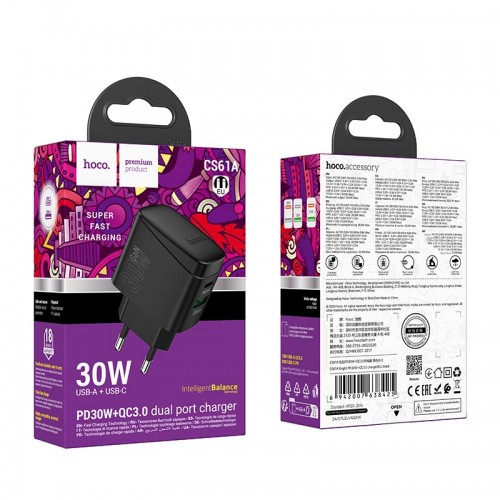 Мережевий зарядний пристрій HOCO CS61A Bright PD30W+QC3.0 charger (EU) Black