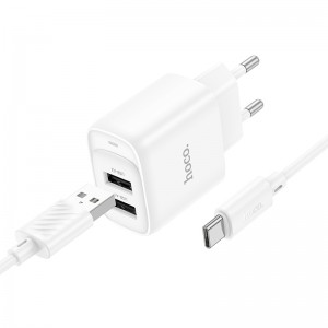 Мережевий зарядний пристрій з кабелем HOCO C141A Smart dual-port charger set(Type-C) White