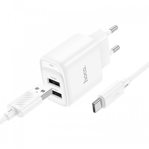 Мережевий зарядний пристрій з кабелем HOCO C141A Smart dual-port charger set(Type-C) White