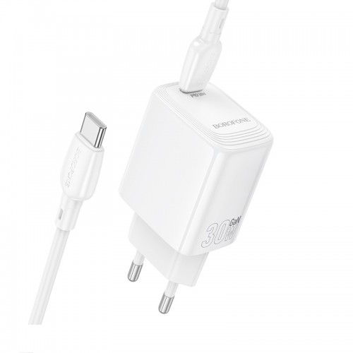 Мережевий зарядний пристрій з кабелем BOROFONE BN28 Fuente single port PD30W charger set (C to C) (EU) White