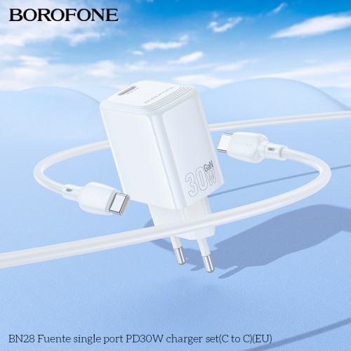 Мережевий зарядний пристрій з кабелем BOROFONE BN28 Fuente single port PD30W charger set (C to C) (EU) White