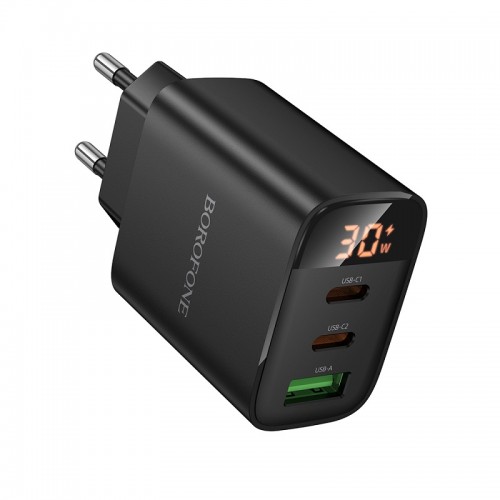 Мережевий зарядний пристрій BOROFONE BA98A Ilustre PD30W (2C1A) зарядник з цифровим дисплеєм (EU) Чорний