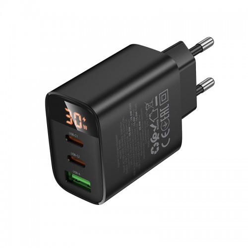 Мережевий зарядний пристрій BOROFONE BA98A Ilustre PD30W (2C1A) зарядник з цифровим дисплеєм (EU) Чорний