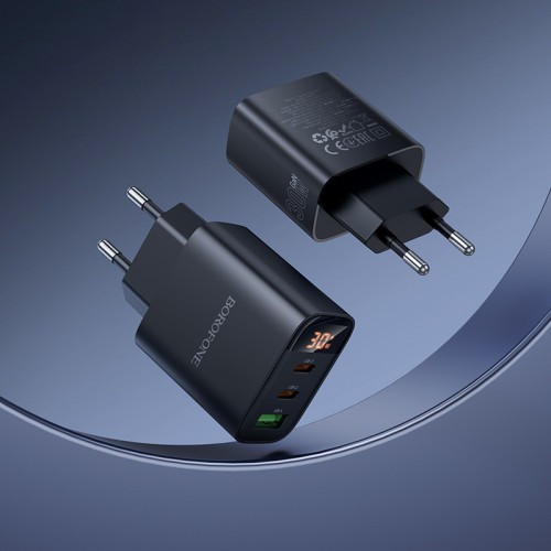 Мережевий зарядний пристрій BOROFONE BA98A Ilustre PD30W (2C1A) зарядник з цифровим дисплеєм (EU) Чорний