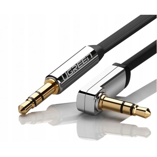 Аудиокабель UGREEN AV119 3.5mm male to 3.5mm male, Прямой к угловому плоскому кабелю, TPE, 1м Чёрный