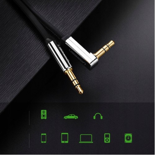 Аудиокабель UGREEN AV119 3.5mm male to 3.5mm male, Прямой к угловому плоскому кабелю, TPE, 1м Чёрный