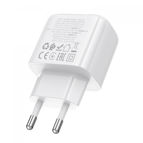 Мережевий зарядний пристрій BOROFONE BAS45A Потенційний PD30W+QC3.0 зарядний пристрій (ЄС) Білий