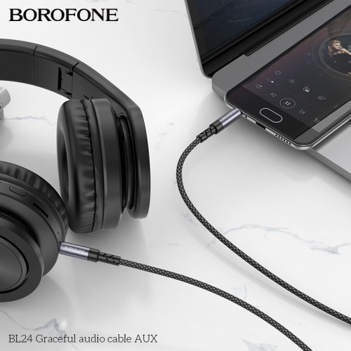 Аудиокабель BOROFONE BL24 3.5mm male to 3.5mm male, нейлоновая оплетка, 1м, Металлический серый