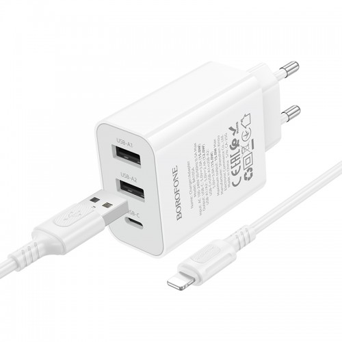 Мережевий зарядний пристрій з кабелем BOROFONE BA105A Stellar three-port charger set (iP) (EU) White