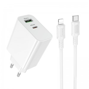 Мережевий зарядний пристрій з кабелем BOROFONE BA106A Stellar PD20W+QC3.0 charger set (C to iP) (EU) White