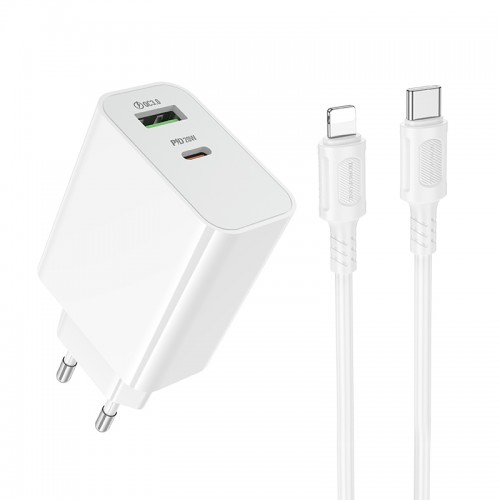 Мережевий зарядний пристрій з кабелем BOROFONE BA106A Stellar PD20W+QC3.0 charger set (C to iP) (EU) White