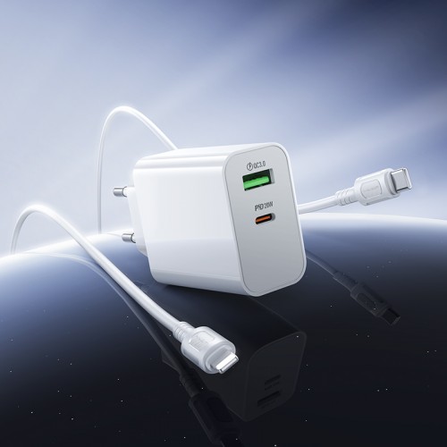 Мережевий зарядний пристрій з кабелем BOROFONE BA106A Stellar PD20W+QC3.0 charger set (C to iP) (EU) White