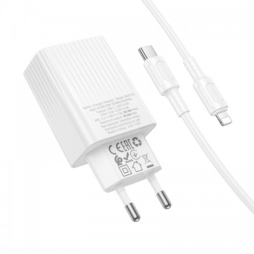 Мережевий зарядний пристрійз кабелем BOROFONE BAS75A Source single port PD30W charger set (C to iP) (EU) White
