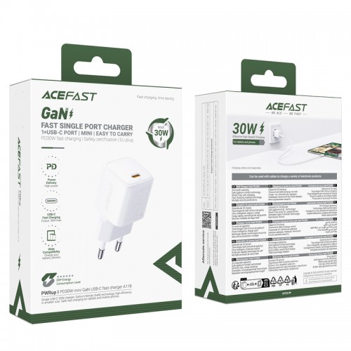 Мережевий зарядний пристрій ACEFAST A118 PD30W mini GaN USB-C fast charger