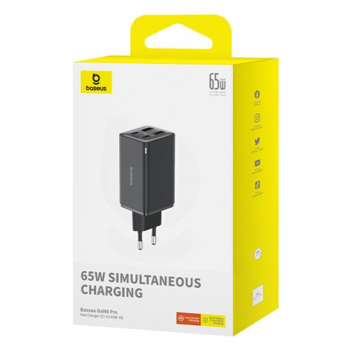 Мережевий зарядний пристрій з кабелем Baseus GaN6 Pro Fast Charger 2C+2U 65W EU Cluster Black (З Type-C на Type-C 100W(20V/5A) 1м Чорний)