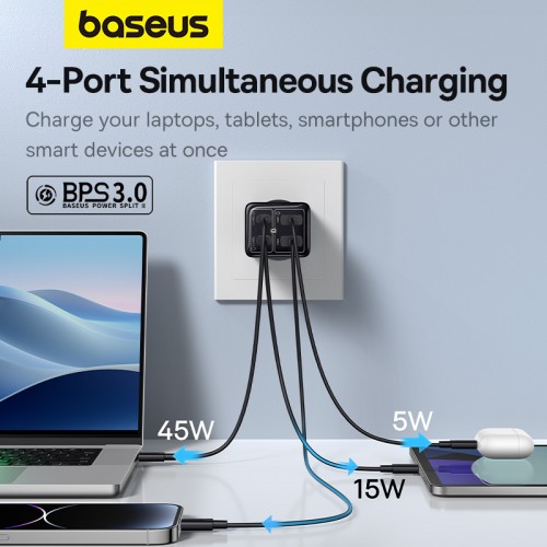Мережевий зарядний пристрій з кабелем Baseus GaN6 Pro Fast Charger 2C+2U 65W EU Cluster Black (З Type-C на Type-C 100W(20V/5A) 1м Чорний)