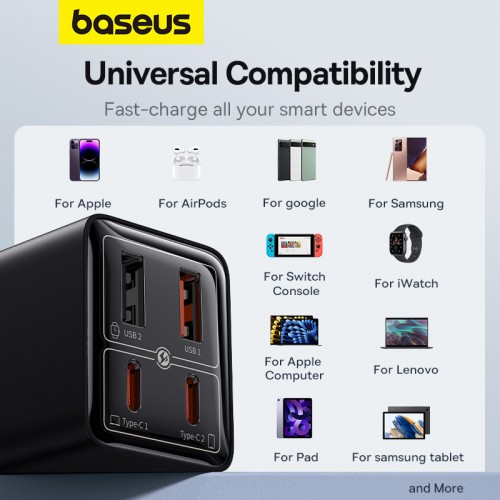 Мережевий зарядний пристрій з кабелем Baseus GaN6 Pro Fast Charger 2C+2U 65W EU Cluster Black (З Type-C на Type-C 100W(20V/5A) 1м Чорний)