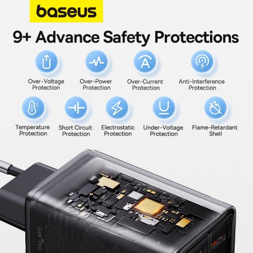 Мережевий зарядний пристрій з кабелем Baseus GaN6 Pro Fast Charger 2C+2U 65W EU Cluster Black (З Type-C на Type-C 100W(20V/5A) 1м Чорний)
