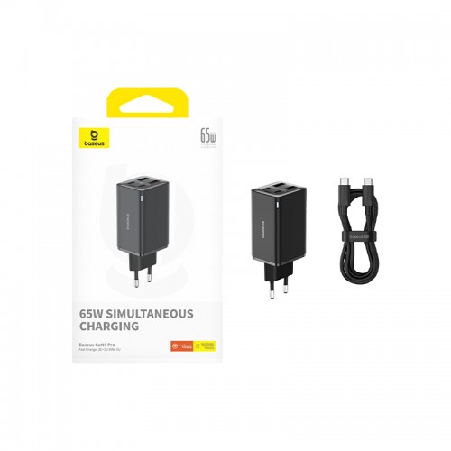 Мережевий зарядний пристрій з кабелем Baseus GaN6 Pro Fast Charger 2C+2U 65W EU Cluster Black (З Type-C на Type-C 100W(20V/5A) 1м Чорний)