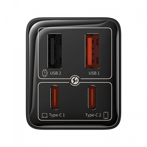 Мережевий зарядний пристрій з кабелем Baseus GaN6 Pro Fast Charger 2C+2U 65W EU Cluster Black (З Type-C на Type-C 100W(20V/5A) 1м Чорний)