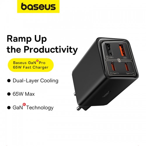Мережевий зарядний пристрій з кабелем Baseus GaN6 Pro Fast Charger 2C+2U 65W EU Cluster Black (З Type-C на Type-C 100W(20V/5A) 1м Чорний)