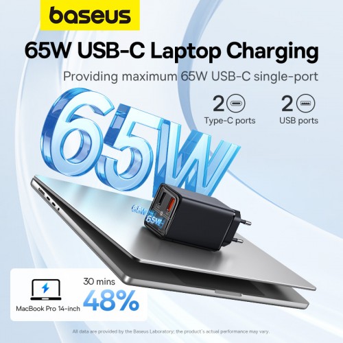 Мережевий зарядний пристрій з кабелем Baseus GaN6 Pro Fast Charger 2C+2U 65W EU Cluster Black (З Type-C на Type-C 100W(20V/5A) 1м Чорний)