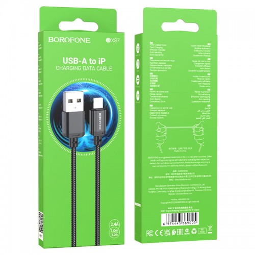Кабель BOROFONE BX87 USB to iP 2.4A, 1м, нейлон, алюминиевые разъемы, черный