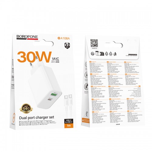 Мережевий зарядний пристрій BOROFONE BA108A Stellar PD30W+QC3.0 charger set (C to C) (EU) White