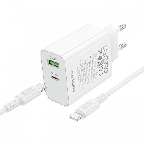 Мережевий зарядний пристрій BOROFONE BA108A Stellar PD30W+QC3.0 charger set (C to C) (EU) White