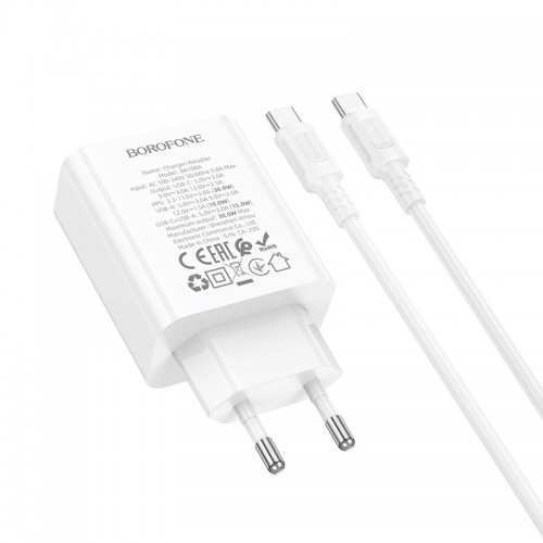 Мережевий зарядний пристрій BOROFONE BA108A Stellar PD30W+QC3.0 charger set (C to C) (EU) White