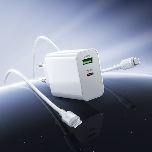 Мережевий зарядний пристрій BOROFONE BA108A Stellar PD30W+QC3.0 charger set (C to C) (EU) White