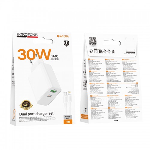Мережевий зарядний пристрій BOROFONE BA108A Stellar PD30W+QC3.0 charger set (C to iP) (EU) White