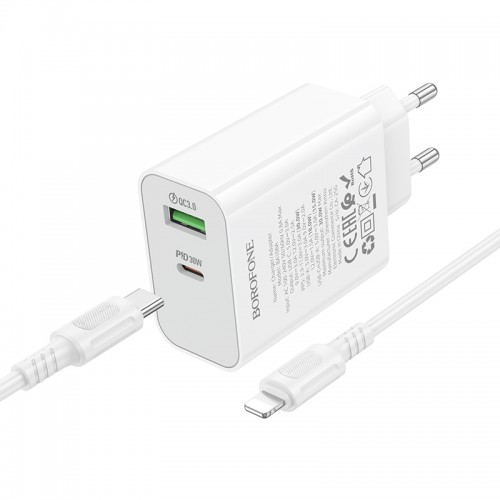 Мережевий зарядний пристрій BOROFONE BA108A Stellar PD30W+QC3.0 charger set (C to iP) (EU) White