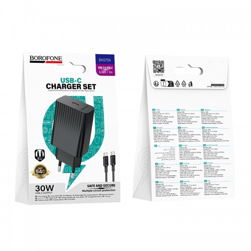 Мережевий зарядний пристрій BOROFONE BAS75A Source single port PD30W charger set (C to C) (EU) Black