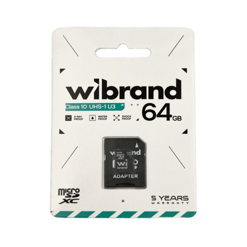 Карта памяти microSDXC (UHS-1 U3) Wibrand 64Gb класс 10 (адаптер SD)