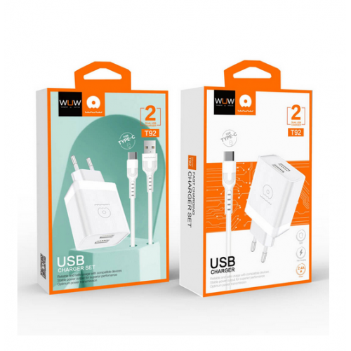 Мережевий зарядний пристрій з кабелем WUW-T92 2USB/2.4A set type-c