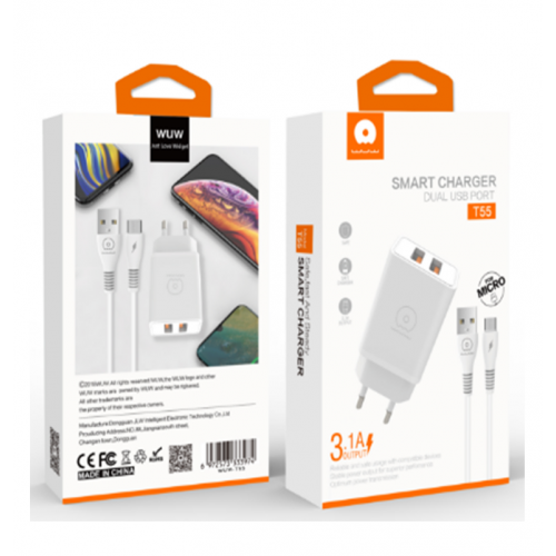 Мережевий зарядний пристрій з кабелем WUW-T55 2USB/3.1A set IP